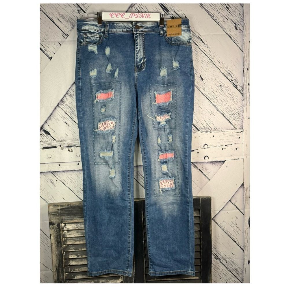 High Waisted Distressed Denim Jeans with Pink Patches, New XXL (14)